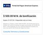 American Express : $500 de bonificación al pagar $2,000 en Portal de Pagos Amex (comercios seleccionados)