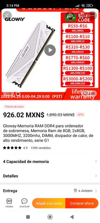 AliExpress: Memoria RAM DDR4 2x8GB 3200mhz CL 16-18-18