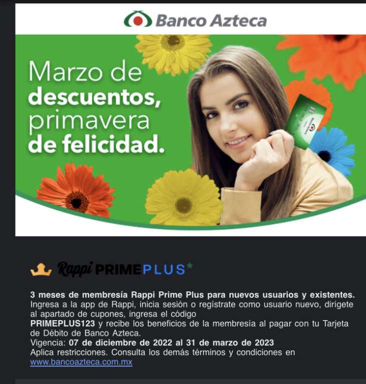 Rappi Prime Plus: 3 meses gratis al pagar con débito Banco Azteca