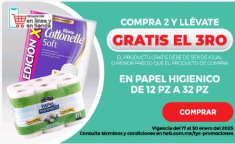 HEB - Comboloco compra 2 paquetes de papel higiénico y llévate el 3ero gratis