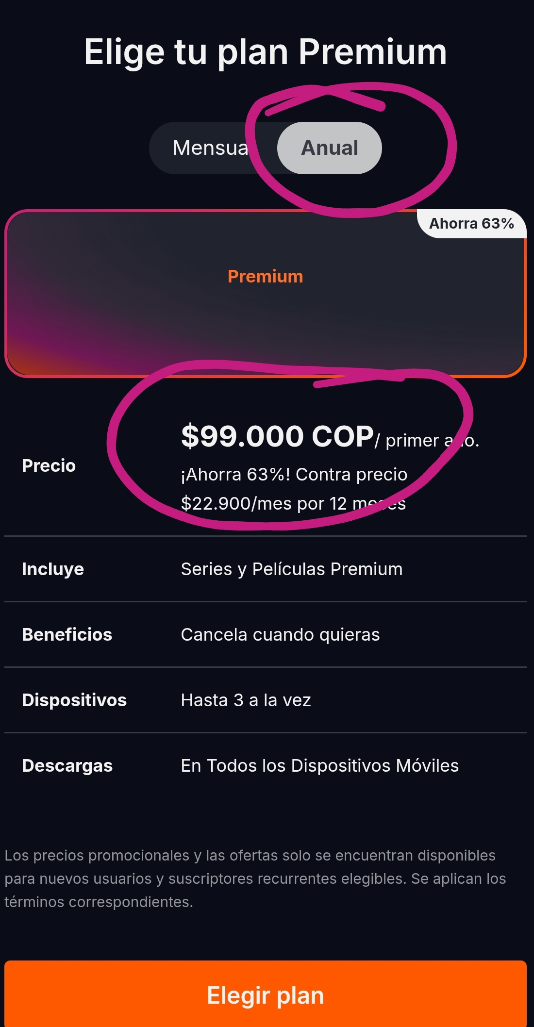 Vix Premium ANUAL sale en $45.33 por MES. ($544.pesos x 1 AÑO). Suscripción COLOMBIA ver en MEX.