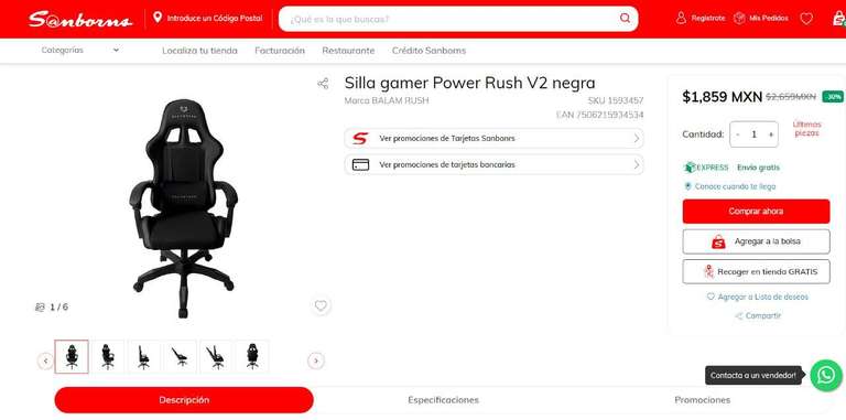 Sanborns: Silla Gamer Power Rush v2 Black Edition