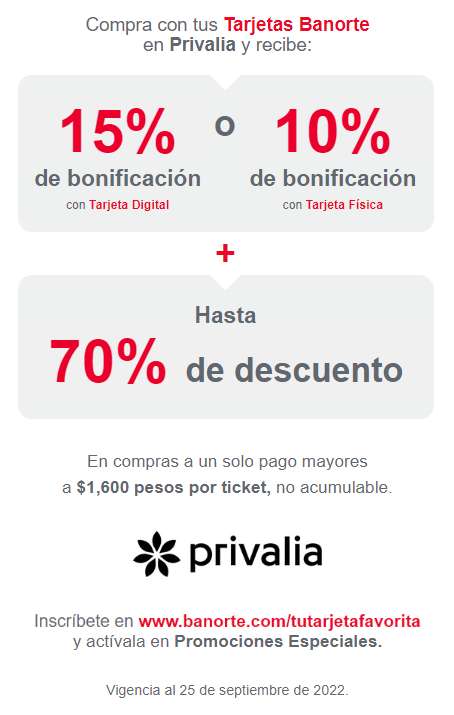Banorte y Privalia: 15% de Bonificación directa con Tarjeta de Débito y Crédito Digital