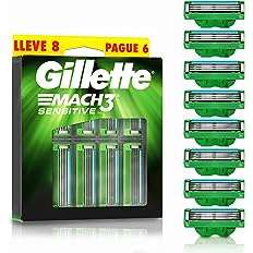 Amazon: GILLETTE Mach3 Sensitive, Cartucho de Rastrillo para Afeitar, 8 Repuestos con Aloe & 3 Hojas para Rasurar (Planea y ahorra)