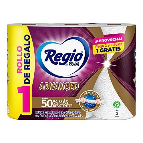Amazon: Regio Toallas De Papel Regio Advanced, 2 Rollos + 1 Gratis (3x2) | envío gratis con Prime