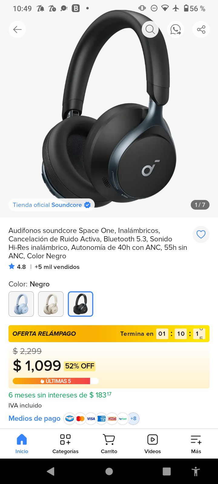 Mercado Libre: Audífonos soundcore Inalámbricos, Cancelación de Ruido Activa, Bluetooth 5.3, Sonido Autonomía de 40h Color Negro