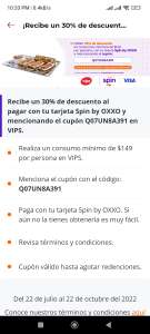 Vips: 30% de descuento pagando con tarjeta Spin by Oxxo