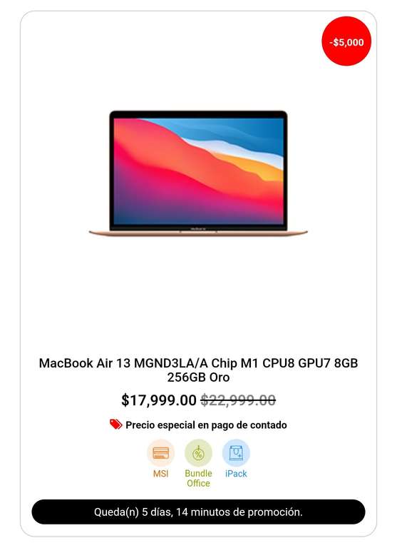 MacStore: Apple Macbook Air 13" M1 8GB RAM 256GB SSD | Pagando de contado