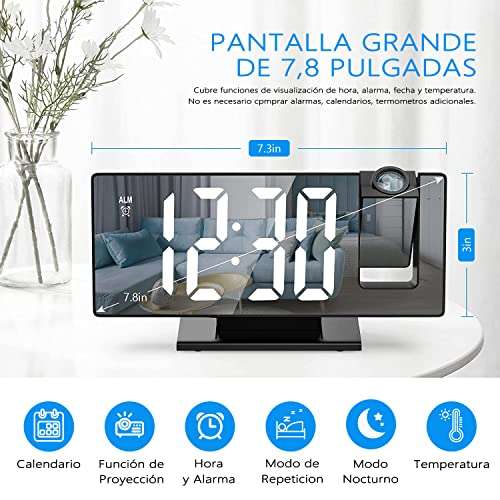 Amazon: Reloj Despertador Inteligente con Proyección Giratorio 180° para Pared, Pantalla de LED de Espejo de 7'' con Función de Repetición