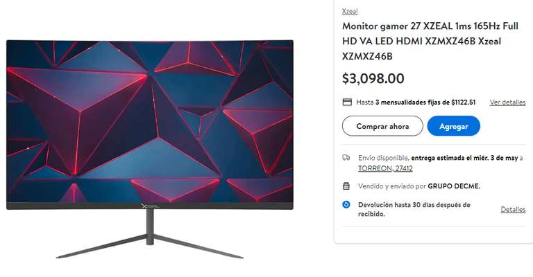 Walmart: Monitor gamer 27 XZEAL 1ms 165Hz Full HD VA LED HDMI XZMXZ46B Xzeal