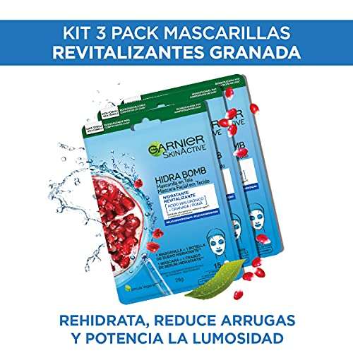 Amazon: Paquete de 3 mascarillas revitalizantes en tela Garnier Skin Naturals Granada Hidra Bomb.