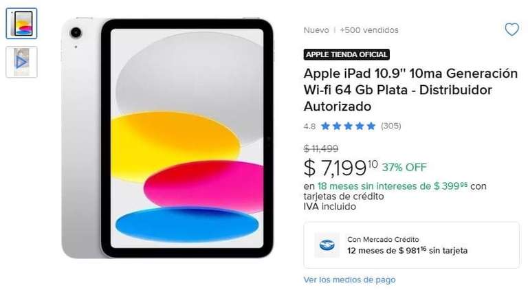 Mercado Libre: iPad 10 64gb wifi plata DISTRIBUIDOR APPLE (pagando con Mercado Pago)