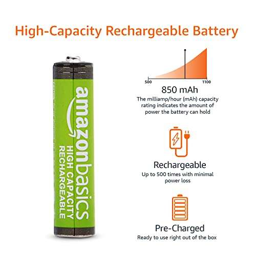 Amazon: Amazon Basics - Paquete de 24 baterías recargables AAA de alta capacidad de 850 mAh, precargadas, recarga hasta 500 veces