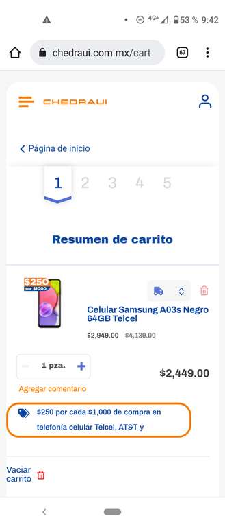 Chedraui: Celular Samsung A03s Negro 64GB Telcel precio al pagar