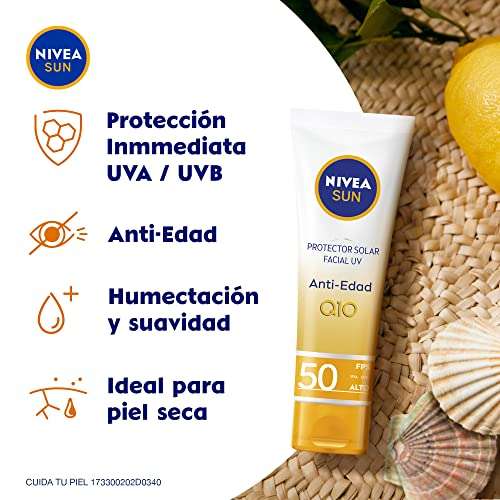 Amazon: NIVEA SUN Protector Solar Facial Anti-edad (50 ml), Enriquecido con Q10, Bloqueador solar FPS 50+, no Grasoso para Todo Tipo de Piel