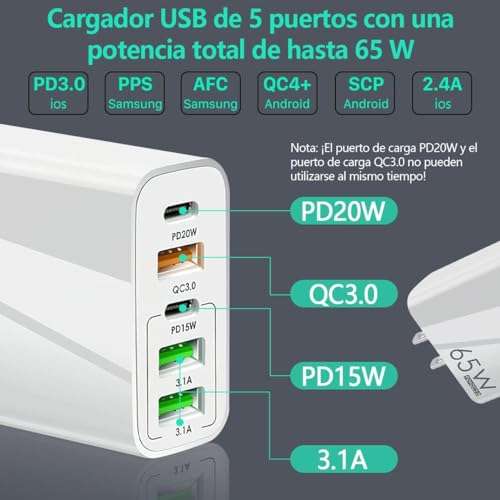 Amazon: Salandens Cargador Tipo C con Cable 1.5m, 65W 5 en 1 Cargador Carga Rapida. (Cable USB C a Lightning)