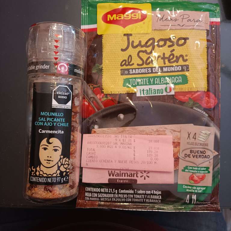 Walmart exprés Jugoso al sartén Italiano en $2.01!! y Molinillo sal con ajo y chile $9.01