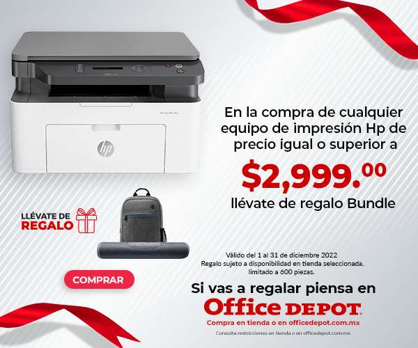 Office Depot: En la compra de cualquier equipo de impresion HP igual o superior a $2999 gratis una mochila y barra de sonido