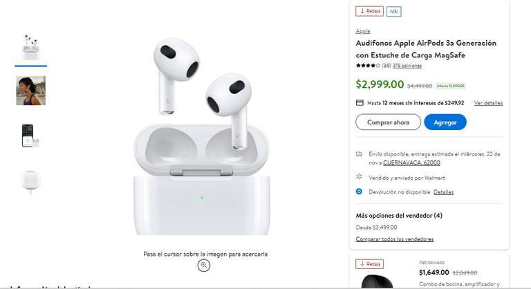Walmart: 2 Audífonos Apple AirPods 3a G con Estuche de Carga MagSafe (COMPRANDO 2 $2294c/u CON CUPÓN + PAYPAL CITIBANAMEX 15%)