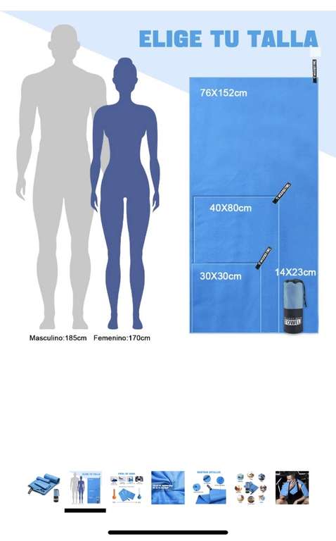 Amazon, PACK 3 Toallas Microfibra 3 Tallas (76*152cm + 40*80cm + 30*30cm, Azul)