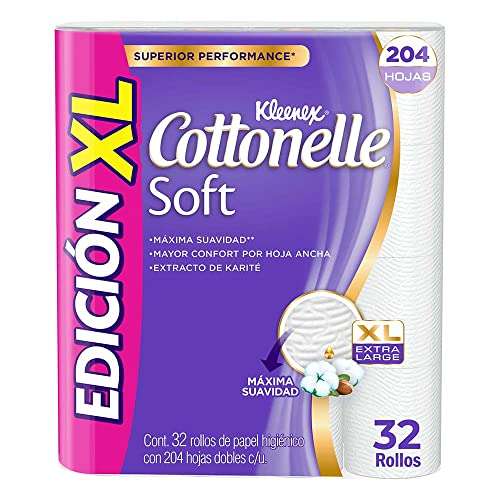 Amazon: 32 Rollos PACHONES Kleenex Cottonelle Soft XL / Papel Higiénico Extra Grande, 204 Hojas dobles