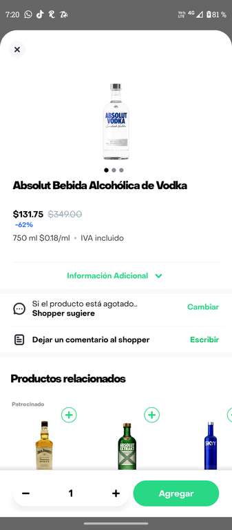 Vodka Absolut a menos de 150 pesitos en Rappi/Chedraui en Cozumel