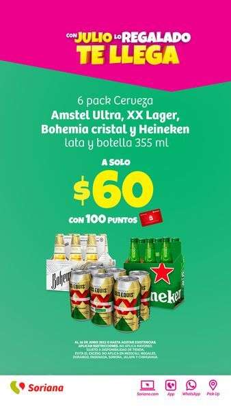 Soriana: Julio Regalado 2022: Six Pack de Cerveza Amstel Ultra, XX Lager, Bohemia Cristal y Heineken $60 con 100 puntos