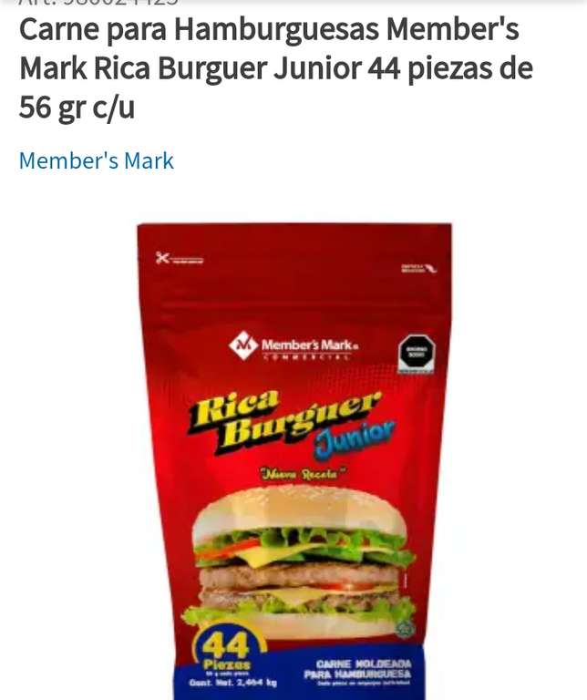 Sam's club, carne para hamburguesas Member's Mark rica burger junior 44 piezas de 56gr.