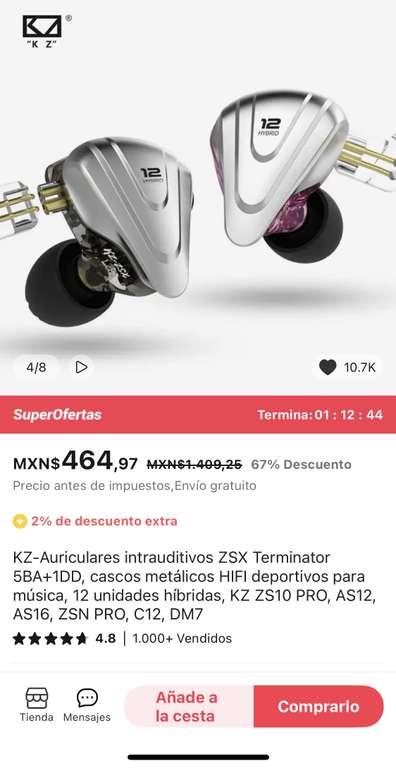AliExpress: KZ ZSX Terminator 5BA+1DD, cascos metálicos HIFI deportivos para música, 12 unidades híbridas.