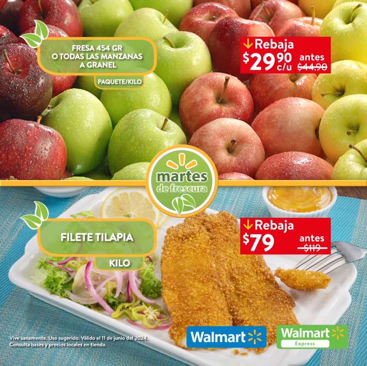 Walmart: Martes de Frescura 11 Junio: Jitomate ó Cebolla $12.90 kg • Fresa paq. ó Manzanas kg $29.90 • Uva Blanca ó Roja en Bolsa $44.90 kg