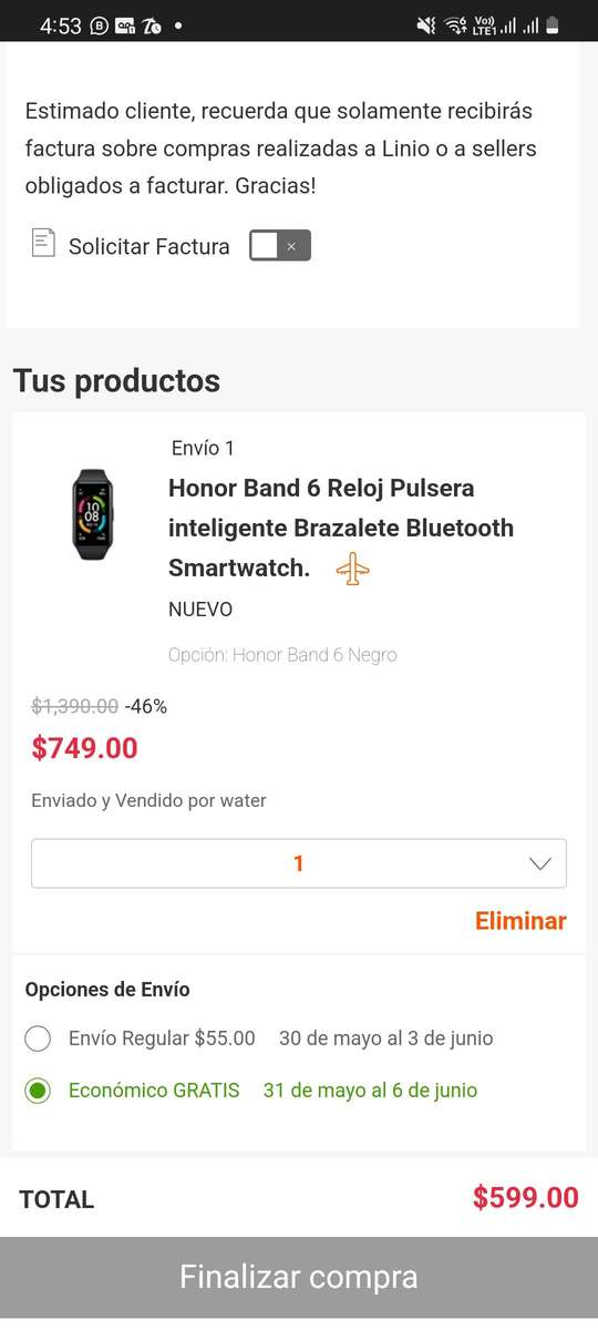 Linio: Smartwatch Honor band 6 con cupon $599 si tenian cupon guardado  paypal $529 - promodescuentos.com