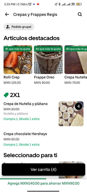 Uber Eats: "Crepas y Frappes Regis" 4 crepas de Nutella con plátano por 70 pesos con Uber One en Barranca del Muerto, Mixcoac y alrededores!