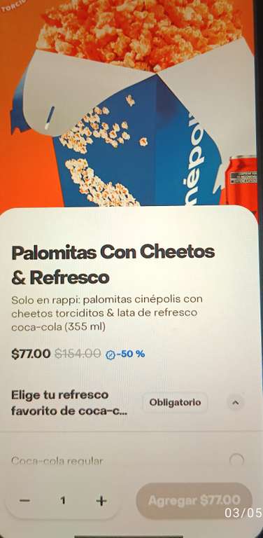 Rappi: Cinépolis: Palomitas con cheetos y refresco $77, Palomitas Cinépólis$110 (2x1), Come X $50