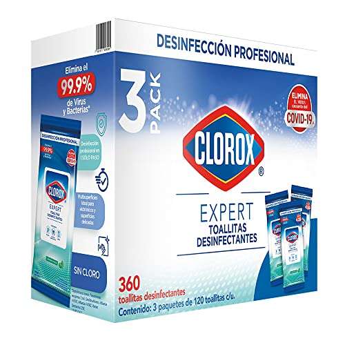 Amazon: Pack de Toallitas Desinfectantes Clorox Expert 3 Paquetes de 120 (Agregar cupón 50)