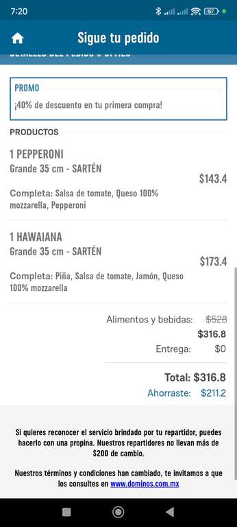 Domino's: 40% OFF en primera compra desde la app (EL CUPON LLEGA AL CORREO REGISTRADO)