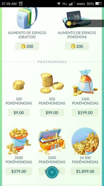 Tienda Pokémon GO: 100 monedas por $9