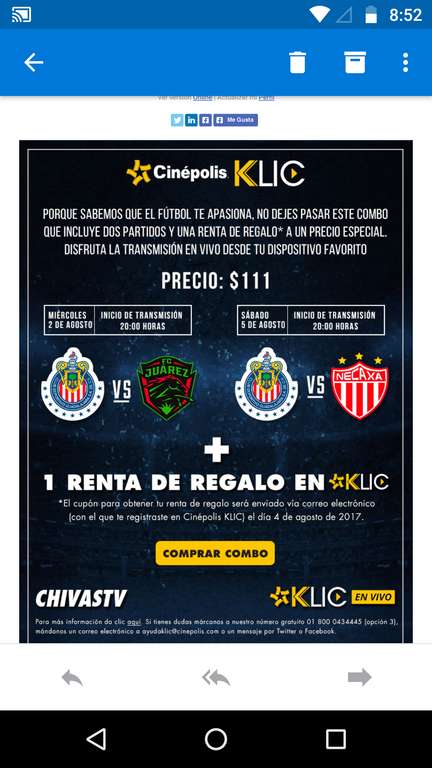 Cinépolis Klic: Dos partidos de Chivas + una renta por $111