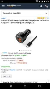 Amazon: Cargador Aukey Quick Charge 2.0 para automóvil