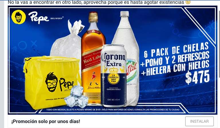 Pepe Delivery: 6 pack de chelas+pomo y 2 refrescos+hielera con hielos