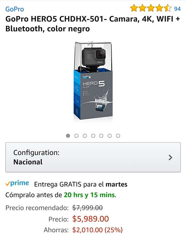 Amazon:  GoPro HERO5 CHDHX-501- Camara, 4K, WIFI + Bluetooth, color negro