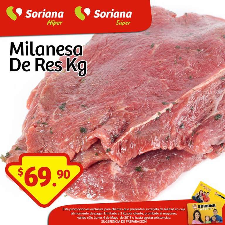 Soriana: Milanesa de res $69.90 el kilo