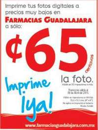 Farmacias Guadalajara: impresión de fotos a 65 centavos (aplica mínimo)