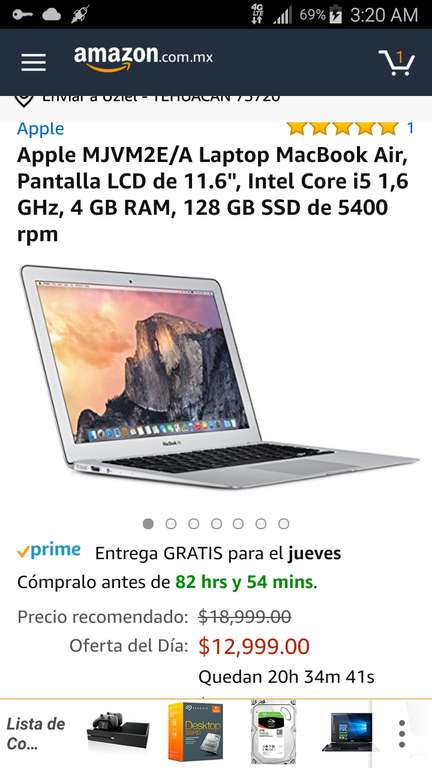 Amazon: MacBook Air, Pantalla LCD de 11.6", Intel Core i5 1,6 GHz, 4 GB RAM, 128 GB SSD de 5400 rpm (vendido por un tercero)