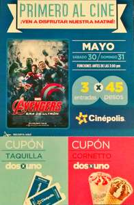 Cinépolis: 3 boletos para Avengers por $45 antes de las 3 pm, mayo 30 y 31