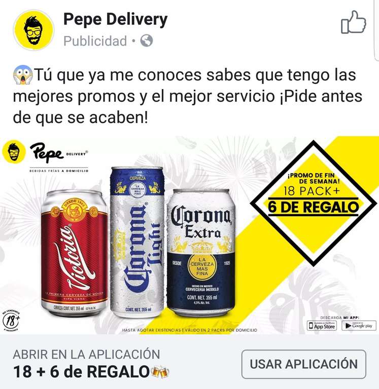 Pepe Delivery: Cerveza corona o victoria 18 pack, Gratis 6 pack ...