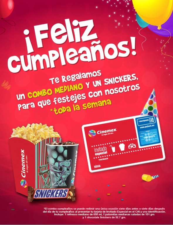 Cinemex: gratis combo mediano por tu cumpleaños 