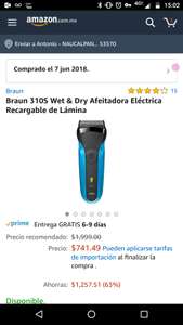 Amazon: Braun 310S Wet & Dry Afeitadora Eléctrica Recargable de Lámina