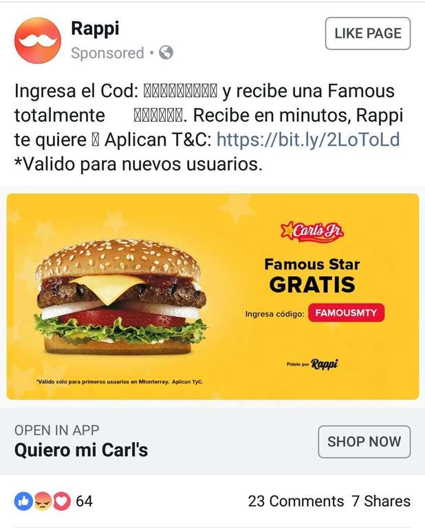 Rappi: Hamburguesa Carl' Jr gratis (Monterrey) Nuevos usuarios