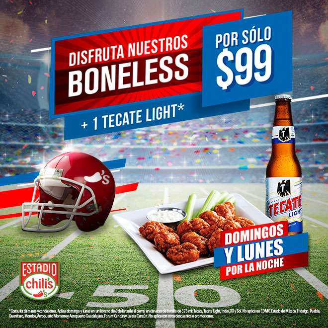 Chili's: boneless + 1 cerveza para partidos NFL (domingo y lunes por la noche)