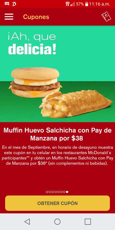 Mc Donald's app: Muffin Huevo Salchicha con pay de manzana